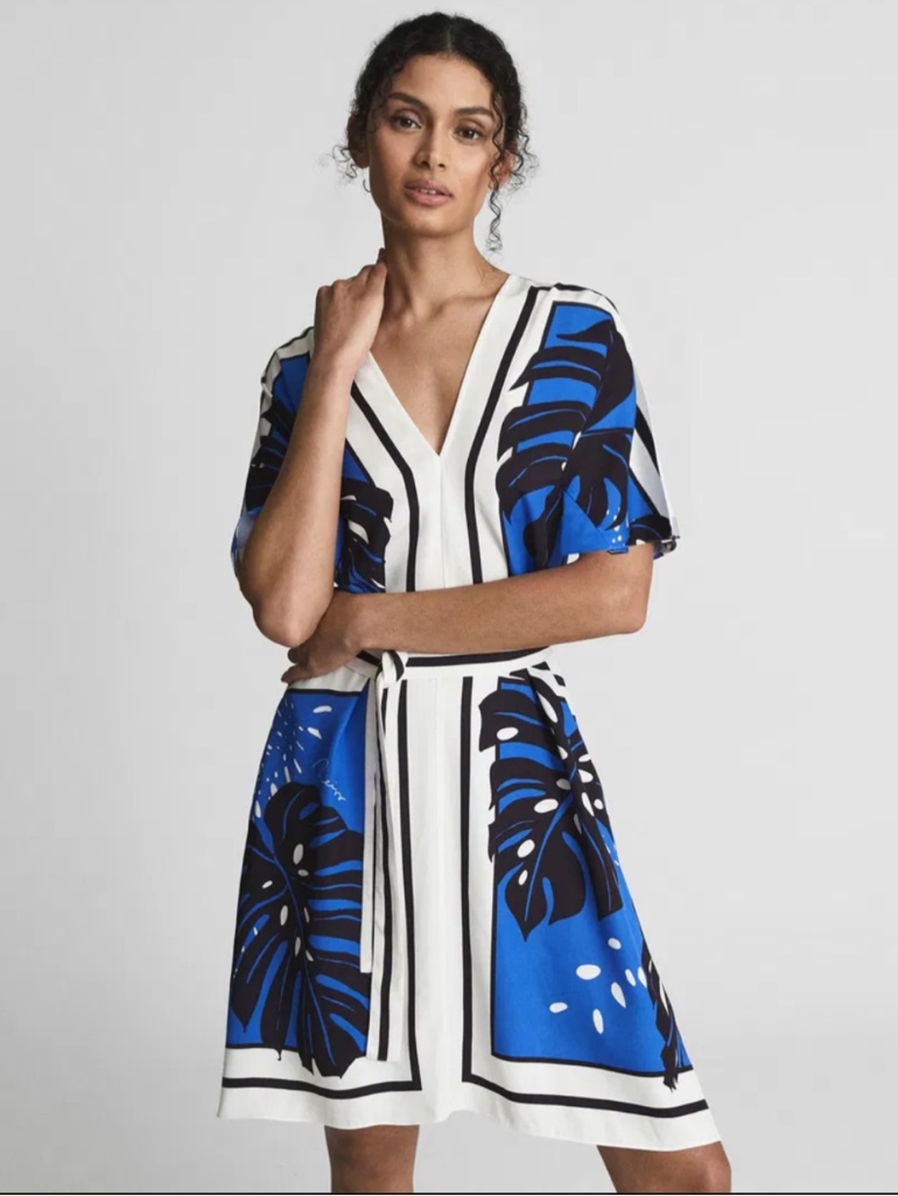 REISS Hannah Monstera Blue White Tropical Print Cold Shoulder Dress Sz 10